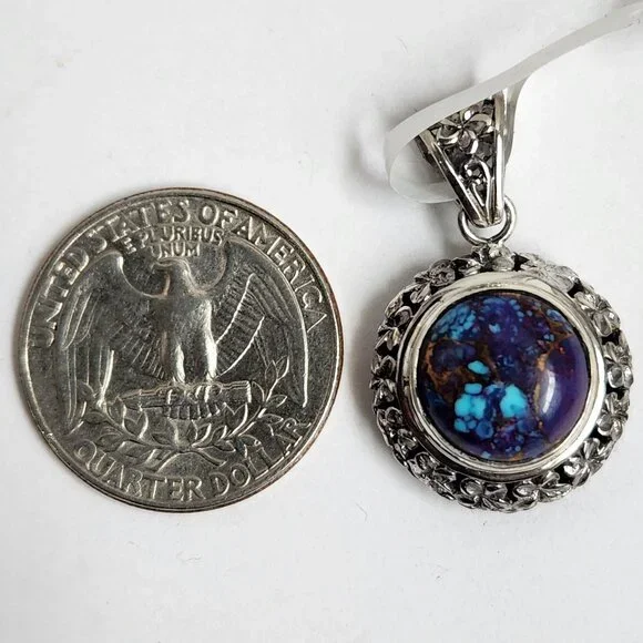 2011 925 Artisian Natural Purple Copper Turquoise Round Pendant 18" Silver Chain - Picture 3 of 10